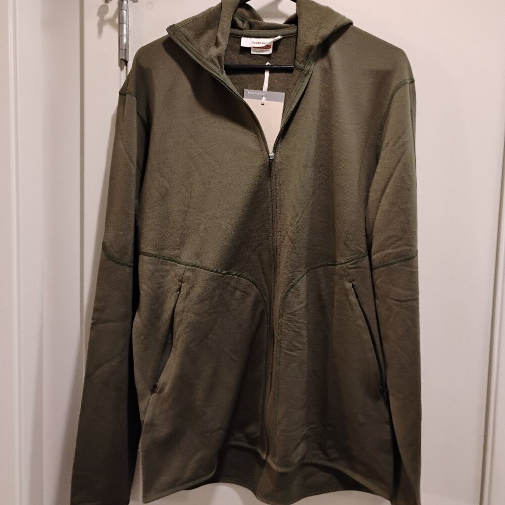 Icebreaker Men’s Merino Realfleece Elemental II LS Zip Hood Jacket Green Large